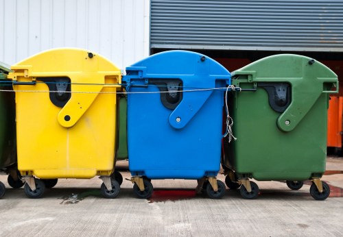 Three large wheeled rubbish bins are positioned side by side on a concrete pavement, each with a rounded lid and a small black handle. The first bin on the left is bright yellow, the middle one is vivid blue, and the third on the right is green. The bins are made of durable plastic with textured surfaces, and each has black wheels at the base. They are situated outdoors, in front of a building with a metal facade featuring horizontal grey panels. The background includes a section of white wall and additional storage containers partially visible behind the bins. Natural light illuminates the scene, highlighting the vibrant colours of the bins, which are used for waste disposal and rubbish management, aligning with services offered by companies like Office Clearance Forest Gate in the local postcode area. The overall setting suggests an industrial or commercial premises used for rubbish collection or waste management purposes in the London borough area.